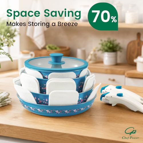 Chef Power 14-Piece Ceramic Cookware Set with Detachable Handles - Non-Toxic, Induction, Dishwasher & Oven Safe, Turquoise
