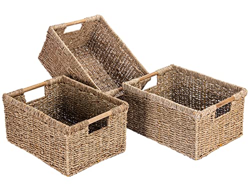 Seagrass Wicker Basket Set - Large Rectangular Storage Baskets with Wooden Handles, 3 Pack