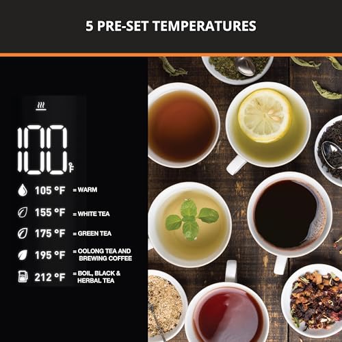 Electric Kettle 1.7L with Precise Temp Control Digital Display - Cool Touch, Cordless, for Tea Coffee