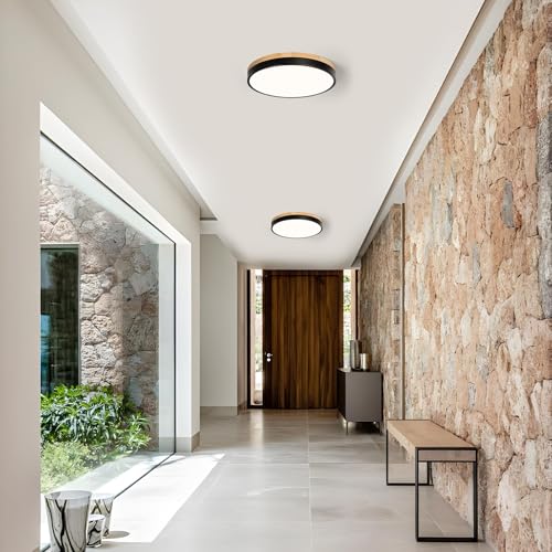 Black Wood Flush Mount Ceiling Light 11.81 Inch Non-Dimmable Modern Design
