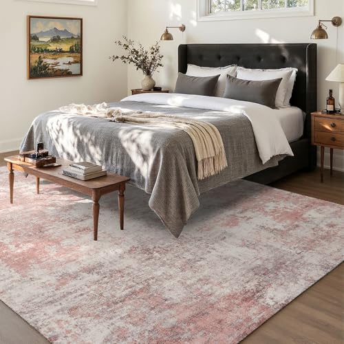 Pink Gray Washable Area Rug 6x9 ft - Vintage Print, Non-Slip, Pet-Friendly