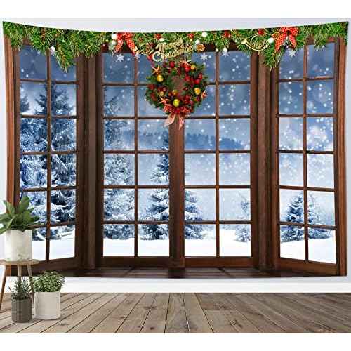 HVEST Christmas Winter Tapestry Snow Forest outside Windows Tapestries Wall Hanging Red Xmas Balls and Christmas Wreath Tapestry for Bedroom Living Room Dorm Wall Decor, 60W x 40H inches