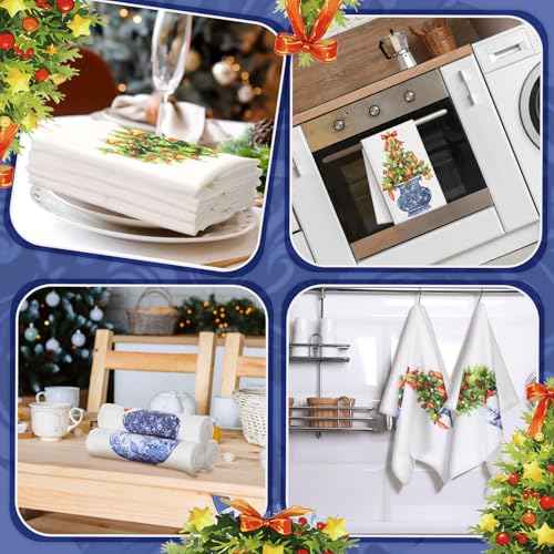 Macarrie 4 Pcs Chinoiserie Kitchen Towels 24" x 16" Blue and White Dish Hand Towels Porcelain Tea Towels Dishcloths Kitchen Bathroom Decor Spring Holiday Housewarming Gift