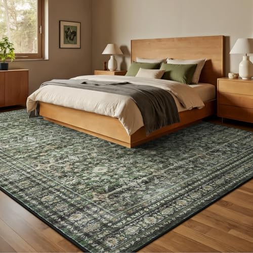 Green 8x10 Area Rug - Washable Non-Slip Vintage Floral Carpet for Living Room