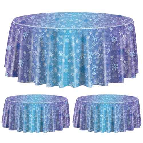 3 Pack Snowflake Tablecloths for Round Table, 84x84'' Blue Purple Plastic Cover, Winter Wonderland Party Decorations for Girls Princess Party, Christmas Holiday