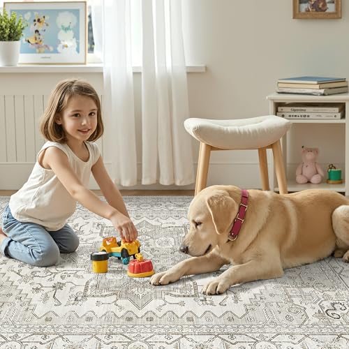 Befbee 9x12 Beige Floral Washable Area Rug - Large Soft Non-Slip Living Room Carpet