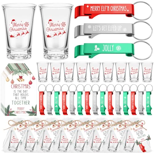 Roshtia 36 Sets Christmas Party Favors Acrylic Shot Glasses 1.2 oz with Bottle Opener Keychains and Greeting Cards
