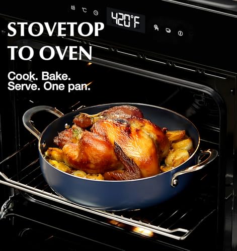 12-Inch Deep Frying Pan with Ceramic Nonstick Coating - 5.5 Quart Blue Saute Pan