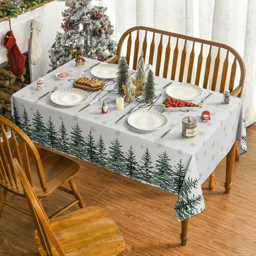 Horaldaily 60 x 104 Inch Christmas Tablecloth - Rectangular White Snow Trees
