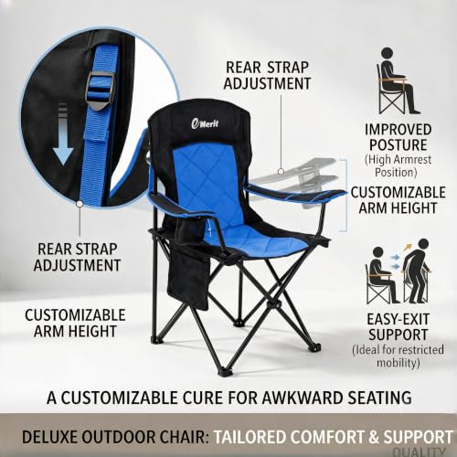 EMERIT 2-Pack Blue Folding Camping Chairs with Diamond-Quilted & Adjustable Armrests - Heavy Duty, Oversized, Ergonomic 18.5" Seat Height