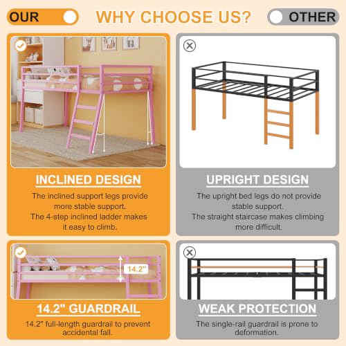 Lutown-Teen 43 Inch Pink Metal Twin XL Loft Bed with Stairs & Guardrail
