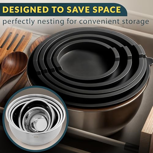 Black Stainless Steel Mixing Bowls Set of 5 with Lids & 3 Graters - Durable Kitchen Prep