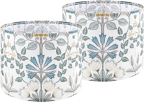 Blue Green Floral Drum Lamp Shades Set of 2, 13-Inch for Table & Floor Lamps (Multicolour-2 / 13x13x10in)