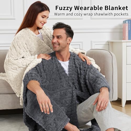 Ivory Wearable Blanket Poncho for Adults Cozy Sherpa Fleece Shawl with Pockets