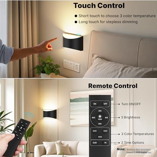 Wireless Battery Wall Sconces Set of 2 - Rechargeable Dimmable Black Lighting