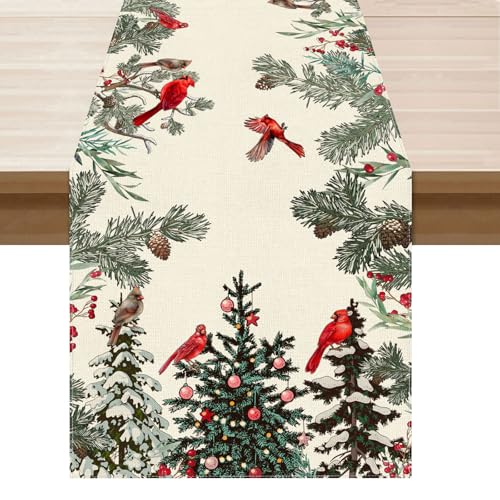 XCHI Cardinal Birds Winter Pine Tree Table Runner 13x48 Inch – Holiday Decor, 100% Polyester
