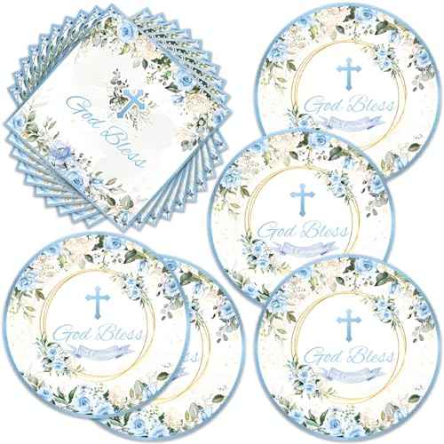 40Pcs Blue God Bless Party Supplies Tableware Set 20 Plates and 20 Napkins for God Bless Party Decoration Serve 20 Guests