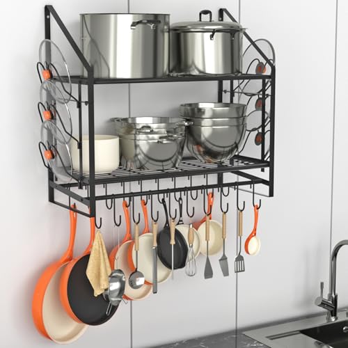 VyGrow 28 Inch Black 2-Tier Wall Mounted Pot Rack with 20 Hooks & Lid Holders