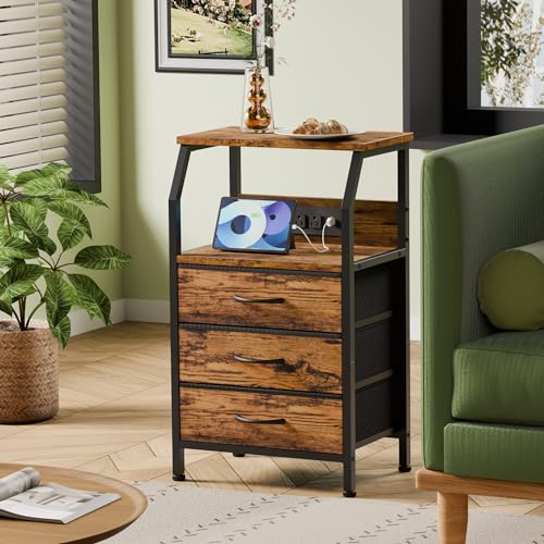 Furnulem Rustic Brown 3-Drawer Nightstand with Charging Station - Bedside Table