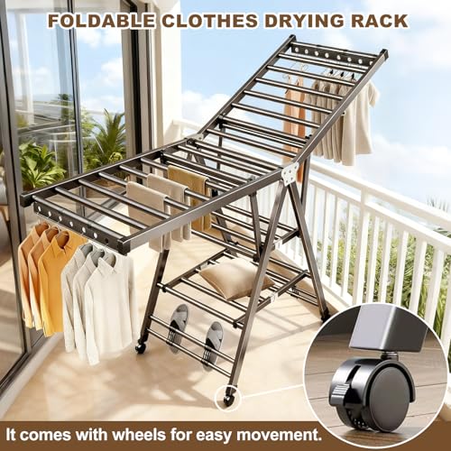 Heavy Duty 3-Tier Clothes Drying Rack with Wheels, 5.9ft Large Capacity