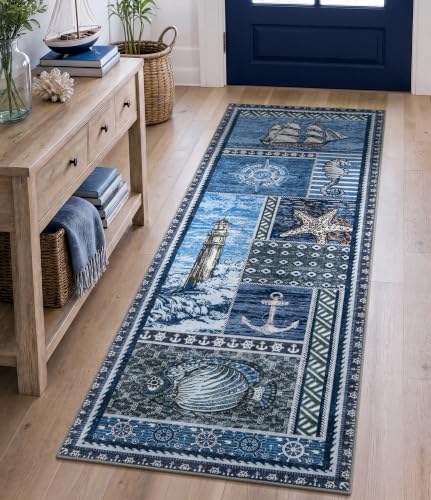 Vintage Nautical Area Rug 2x6 Coastal Runner Washable Non-Slip Low Pile