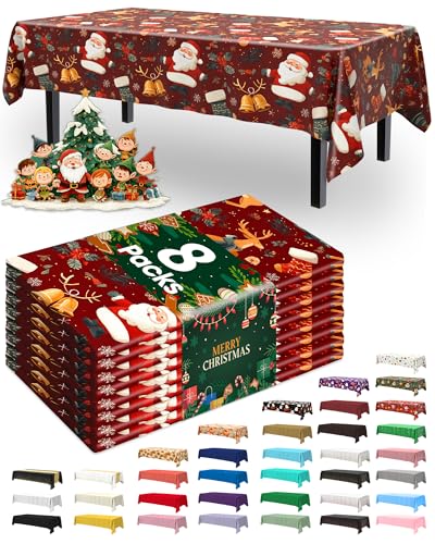 Pureegg Disposable Plastic Table Cloth 8 Pack 54 x 108 Inches Christmas Red Rectangle