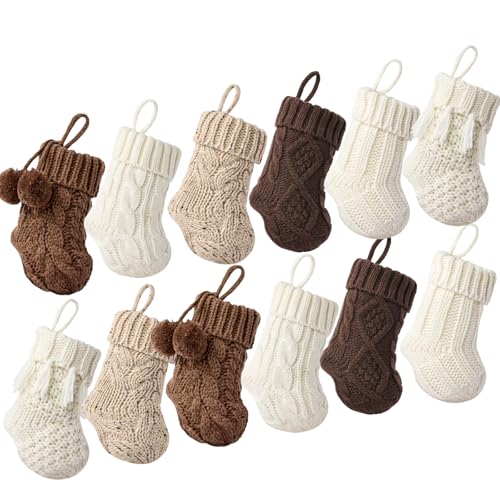 Farmhouse Knitted Christmas Stockings 7 Inch White Beige Brown 12 Pack