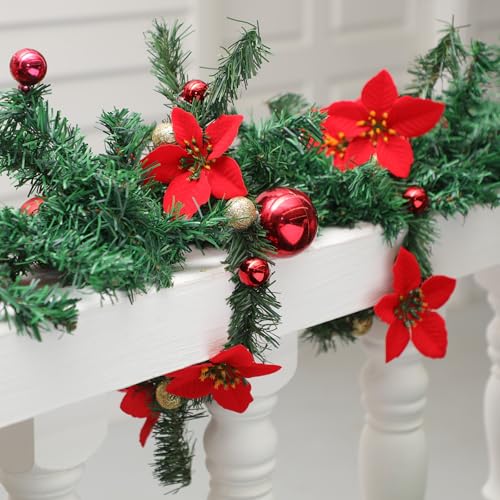 Zhengmy 30 Pcs Christmas Garland Ties with Poinsettia & Ornaments — Flexible Holiday Railing Decor, 20 Inch