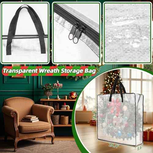 Christmas Wreath Storage Container - Clear Moving Bags Heavy Duty With Zipper for Wreaths Clothes Gift Pillow Toy Plastic Storage Bag Supplies College Dorm Under Bed Storage(24 inch)