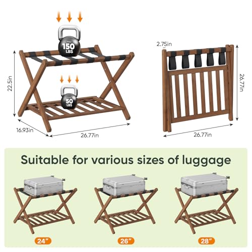 Dark Walnut Luggage Rack with Folding Storage Shelf - 26.77" Fully Assembled