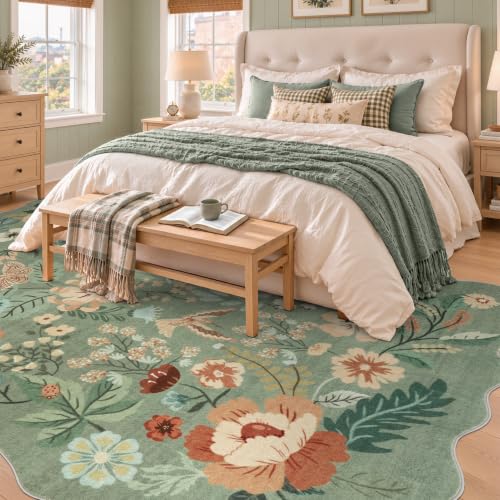 DCX 5x7 Sage Green Floral Washable Area Rug with Non-Slip Backing
