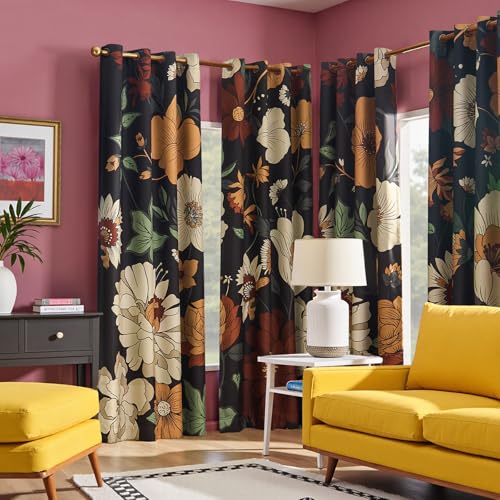 jinchan Black Boho Floral Blackout Curtains 84 Inch Grommet 2 Panels