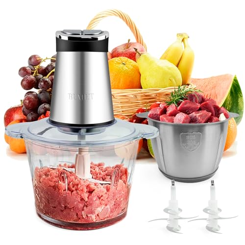BUMET 800W Food Chopper with Dual 12-Cup Bowls & LED Timer, 6-Blade Kitchen Food Processor