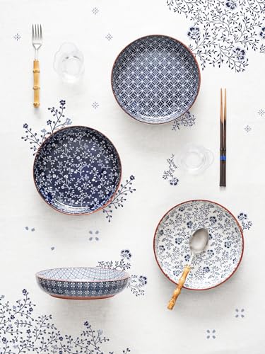 LE TAUCI Vintage Blue 32 oz Ceramic Pasta Bowl Set of 4 - Japanese-Style Serving Bowls