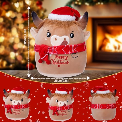 Christmas Cow Stuffed Animal: 8-Inch Cute Highland Cow Plush Toy with Festive Scarf Soft Plushie Pillow, Perfect Christmas Holiday Birthday Gifts for Kids Girls Boys