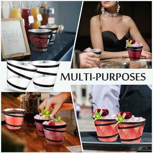 Gejoy 9 oz Rimmed Swirl Plastic Cups Disposable Wine Drinking Cups Clear Elegant Halloween Tumblers for Christmas Party Supplies(Black,24 Pcs)