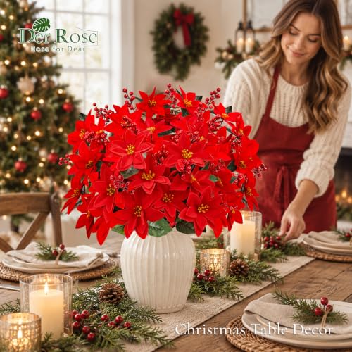 Der Rose Artificial Poinsettia Flowers 8 Stems with Holly Berries - Holiday Decor