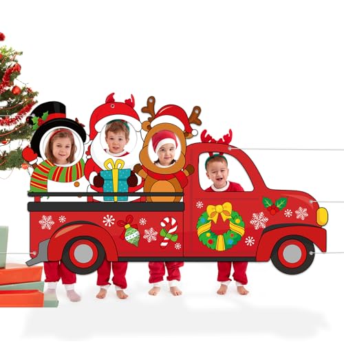 Large 75 Inch Christmas Red Truck Photo Booth Backdrop with Reindeer Santa Snowman