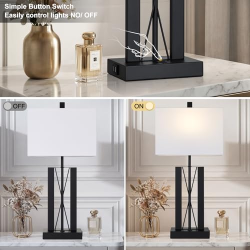 White 25-Inch Modern Table Lamps Set of 2 with USB Charging for Bedroom & Living Room
