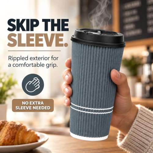 22 oz Disposable Coffee Cups with Lids - Dusk Grey 50 Pack - Hot & Cold Beverage
