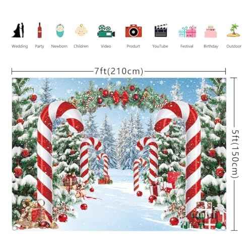 Merry Christmas Candy Cane Backdrop Winter Snowy Scene Christmas Tree Photography Background Christmas Holiday New Year Xmas Eve Family Party Decorations Banner Booth Props (7x5FT(2.1m x 1.5m))