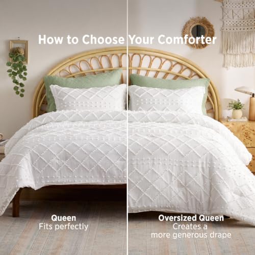 Full Size Boho Tufted White Comforter Set with Embroidered Accents - Farmhouse Style