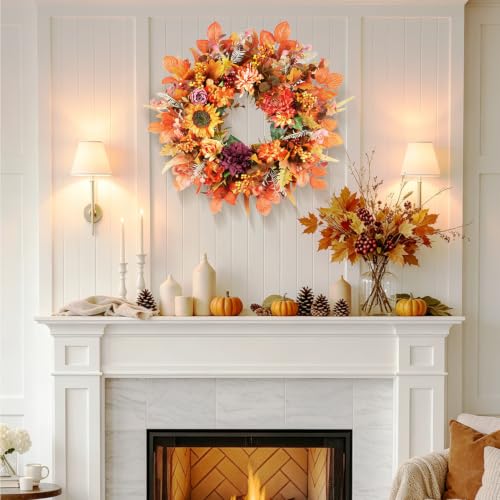 Luxurious Fall Wreath 26 Inch Front Door Decor Sunflowers Hydrangeas Dahlias Autumn Leaves - Outdoor Indoor Thanksgiving Harvest Farmhouse