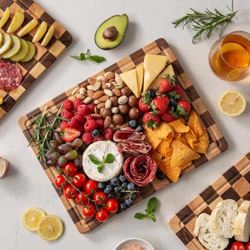 Checkered Walnut Cutting Board Set - 3 Piece Kitchen Prep & Serving Set 17"L x 12"W - Includes Storage Stand