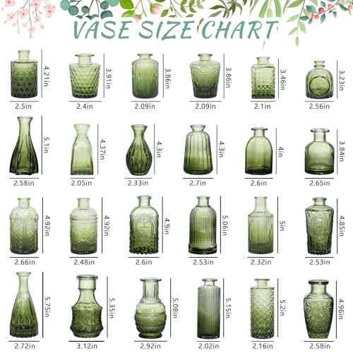 SUPMIND Green Glass Bud Vase Set of 24 Vintage Small Flower Vases for Centerpieces