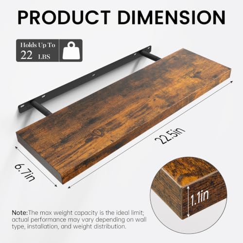 BAYKA Rustic Brown Floating Wall Shelves Set of 2 - 22.5 Inch Modern Farmhouse Design