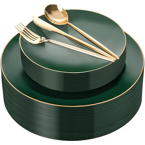 Green Gold 150Pcs Premium Disposable Plastic Plates for Wedding, BPA Free