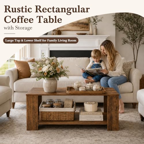 Coffee Table for Living Room - 39-Inch 2-Tier Wood Storage Table - Brown Rectangle Variation