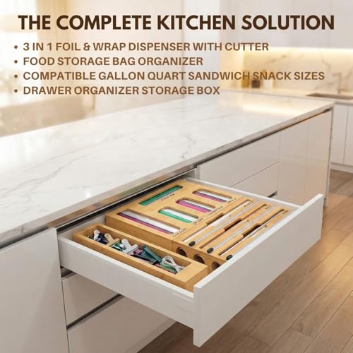 9-in-1 Bamboo Drawer Organizer for Food Wraps & Storage Bags with Cutter