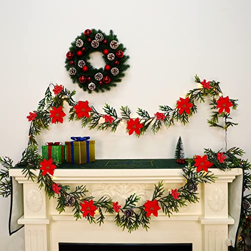 Juegoal 2 Pack 9ft Pre-lit Artificial Christmas Garland with Lights, Poinsettia & Pine Cones